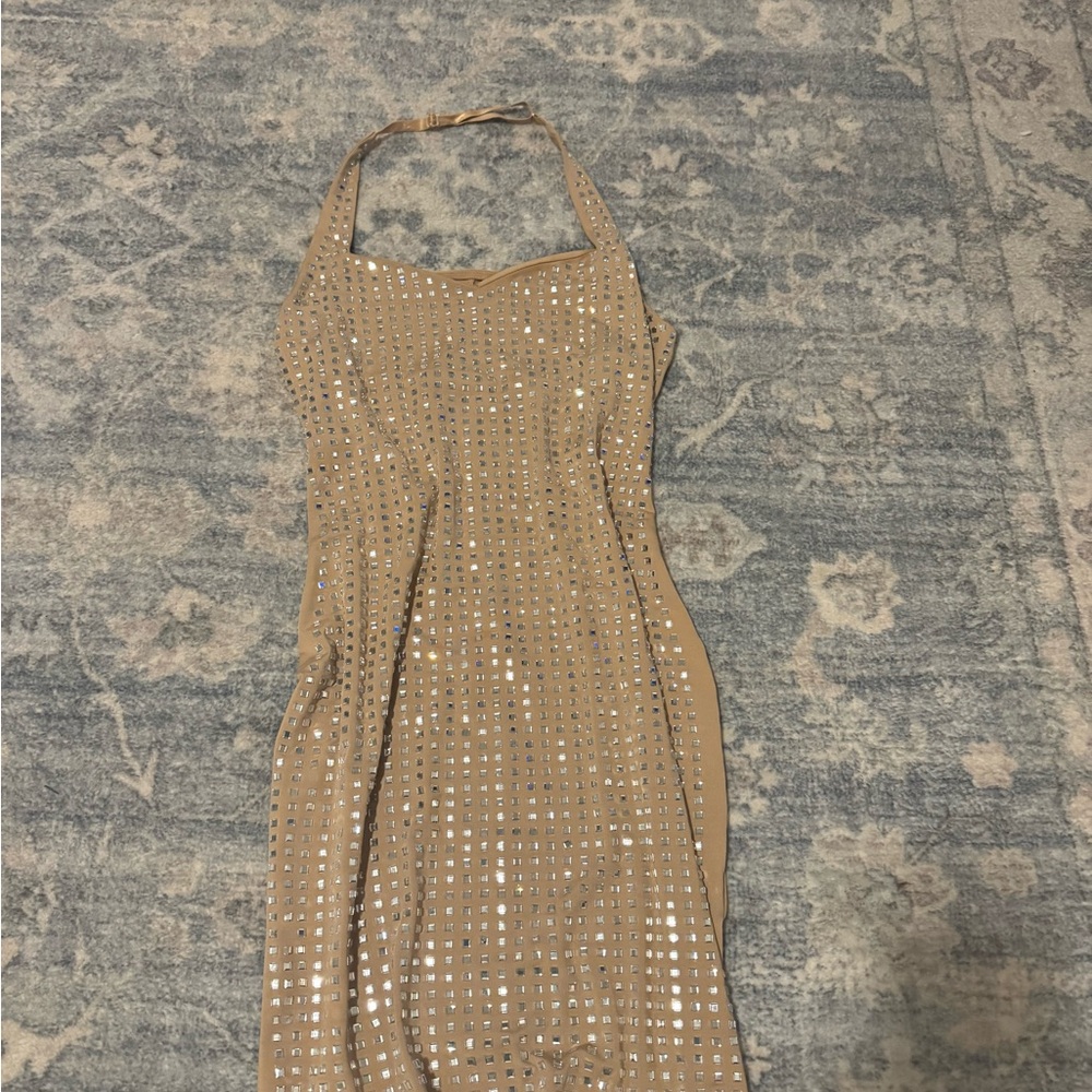 Amazon Tan Backless Halter Dress